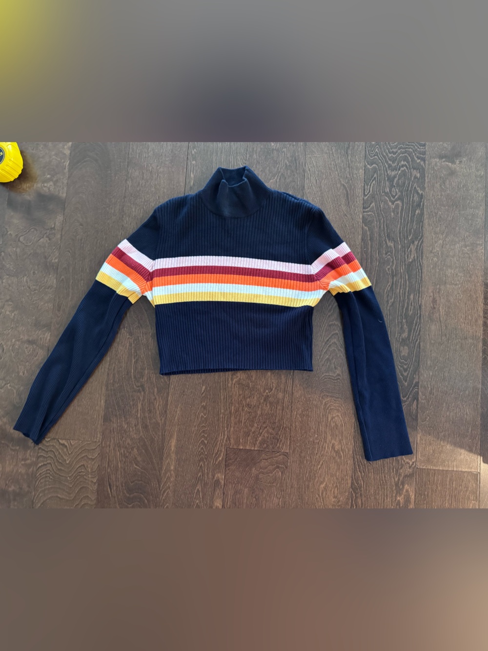 Urban Outfitters Navy Cropped Ribbed Turtleneck with Multicolor Stripes